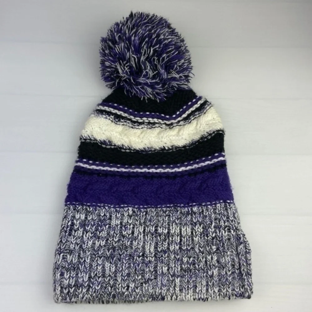 Joes Winter Hat Striped Knit Purple Black White Pom Pom Beanie Winter Hat